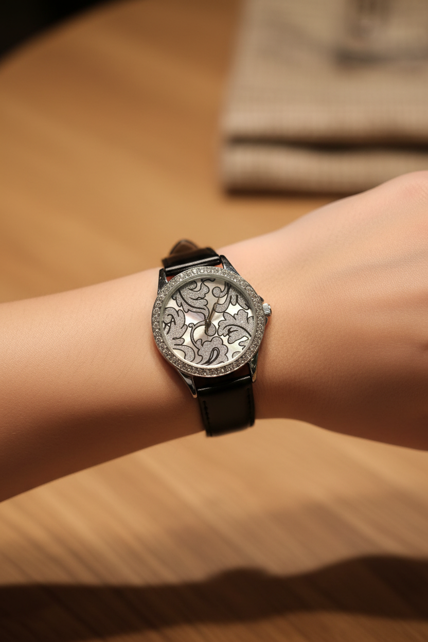 Montre vintage - femme - noir simili cuir - cadran strass argenté motif paillettes - élégant chic
