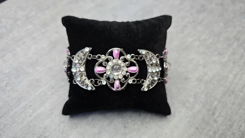 Bracelet manchette vintage chic - fleurs lune strass perles argent vieilli - ajustable - rose blanc - élégant
