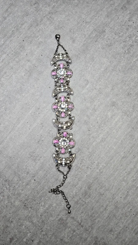 Bracelet manchette vintage chic - fleurs lune strass perles argent vieilli - ajustable - rose blanc - élégant