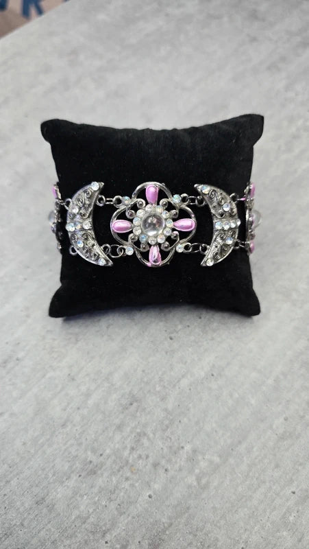 Bracelet manchette vintage chic - fleurs lune strass perles argent vieilli - ajustable - rose blanc - élégant