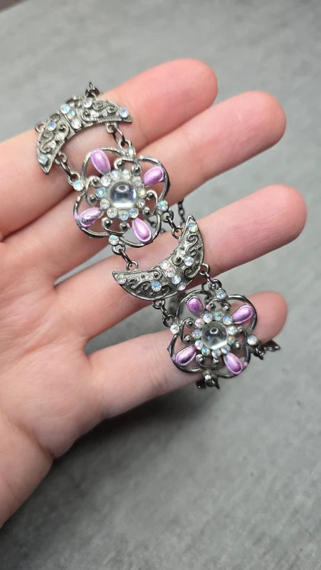 Bracelet manchette vintage chic - fleurs lune strass perles argent vieilli - ajustable - rose blanc - élégant