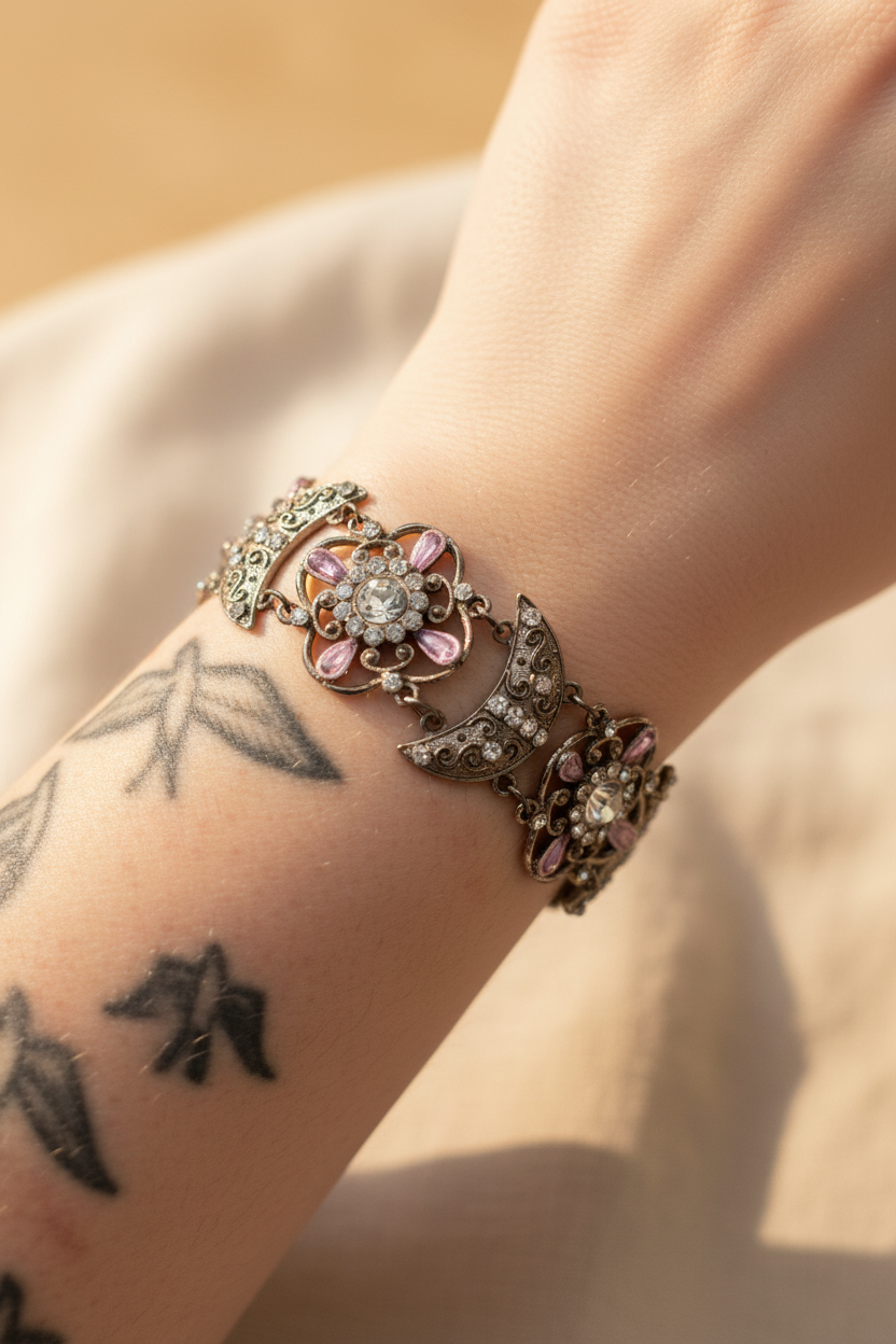 Bracelet manchette vintage chic - fleurs lune strass perles argent vieilli - ajustable - rose blanc - élégant