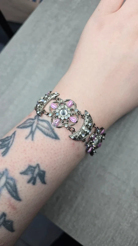 Bracelet manchette vintage chic - fleurs lune strass perles argent vieilli - ajustable - rose blanc - élégant