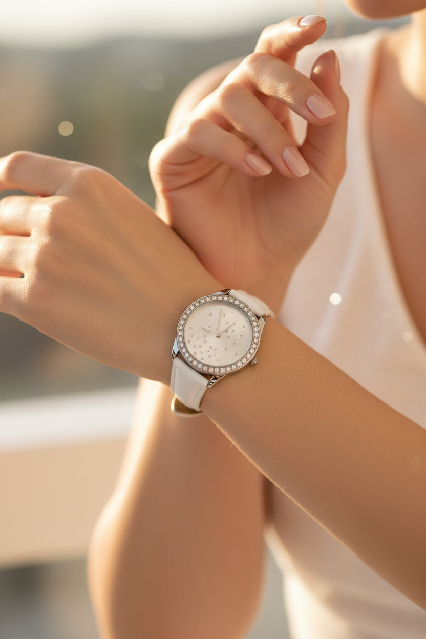 Montre vintage - femme - blanche simili cuir - cadran strass argenté - élégant chic - neuf