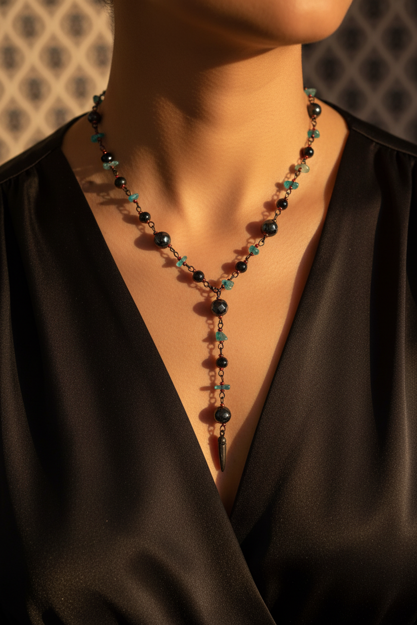 collier vintage - pendentif perles noires pierres turquoises - style bohème ethnique