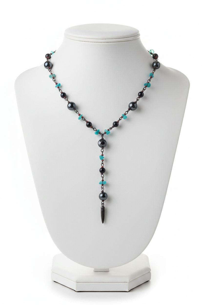 collier vintage - pendentif perles noires pierres turquoises - style bohème ethnique