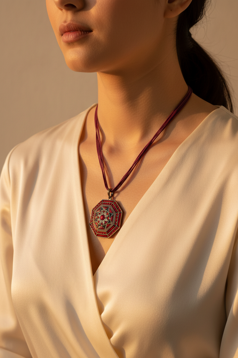 collier vintage - neuf - pendentif mandala rouge strass - motif floral oriental - strass argenté - baroque chic