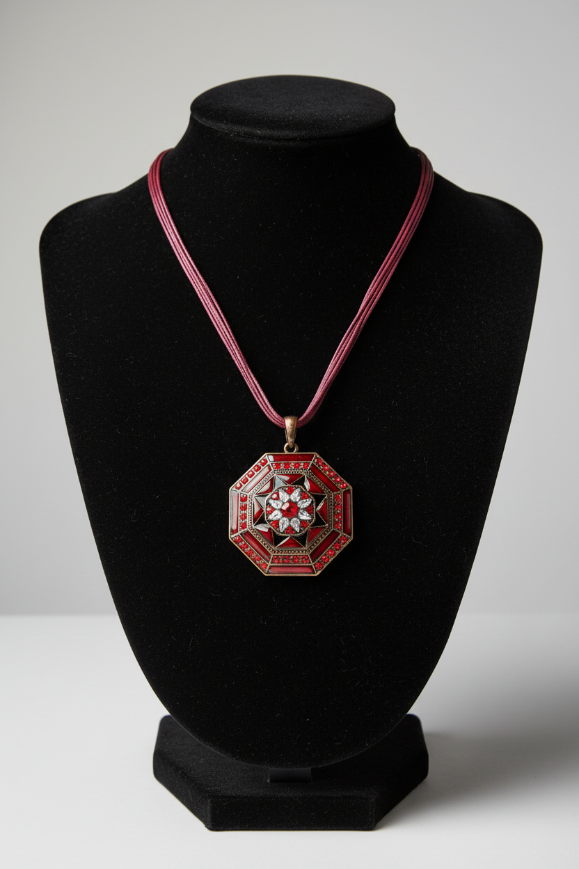 collier vintage - neuf - pendentif mandala rouge strass - motif floral oriental - strass argenté - baroque chic