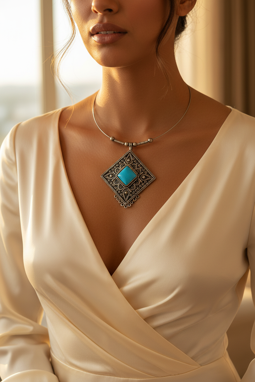 Collier vintage - argenté vieilli - pendentif losange pierre turquoise style ethnique - travail ornemental
