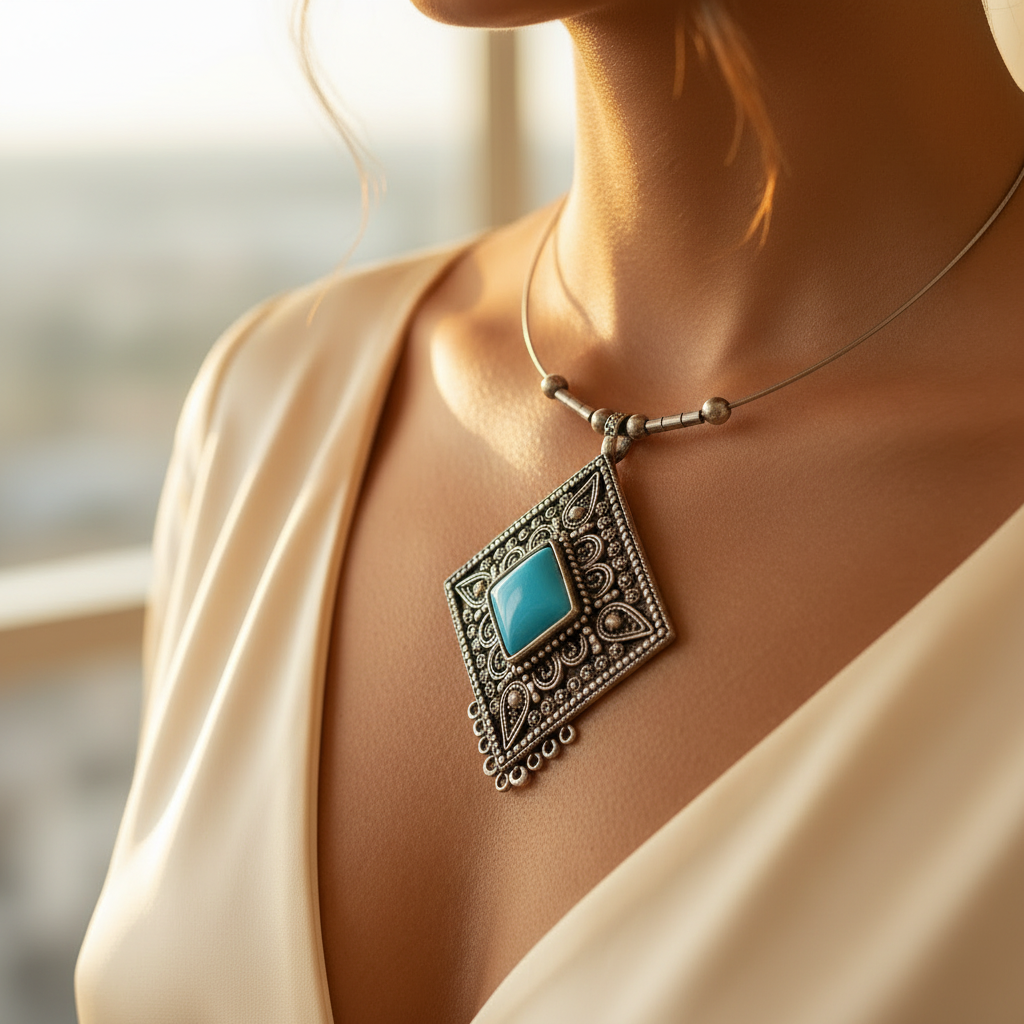 Collier vintage - argenté vieilli - pendentif losange pierre turquoise style ethnique - travail ornemental