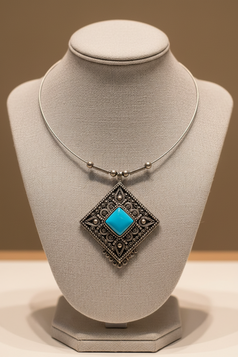Collier vintage - argenté vieilli - pendentif losange pierre turquoise style ethnique - travail ornemental