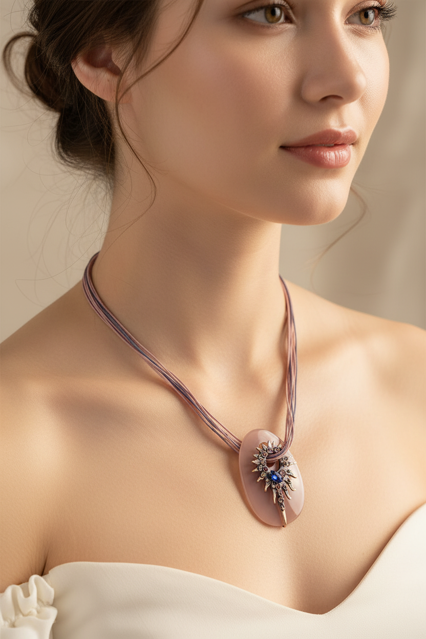 Collier vintage - pendentif métal ajouré style soleil - strass violet rose - médaillon rosé - cordons