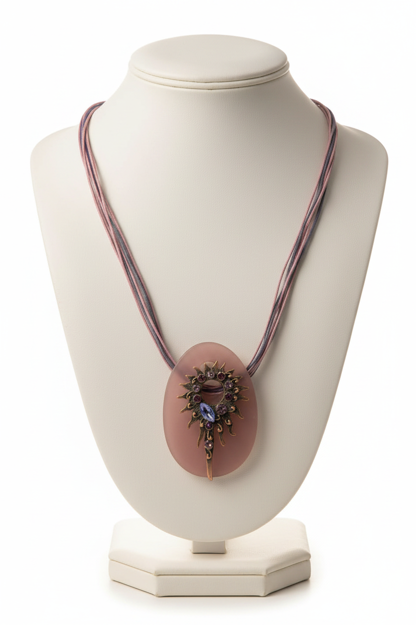 Collier vintage - pendentif métal ajouré style soleil - strass violet rose - médaillon rosé - cordons