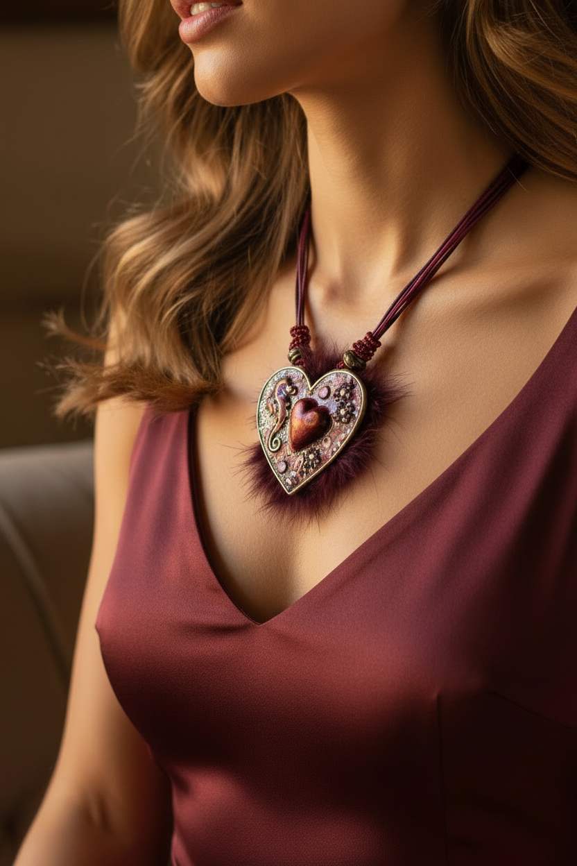 collier baroque vintage - neuf - pendentif coeur fourrure strass effet émaillé brillant - rouge rose bordeaux