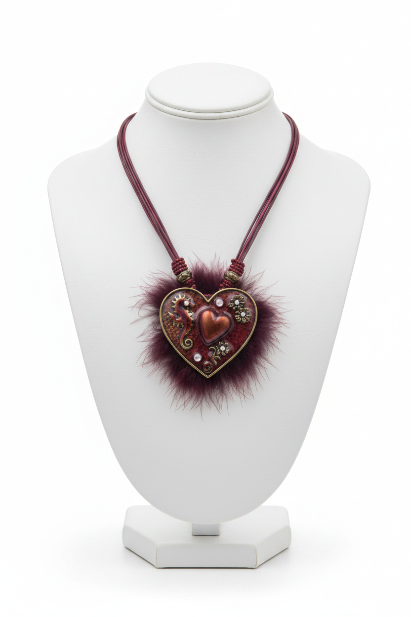 collier baroque vintage - neuf - pendentif coeur fourrure strass effet émaillé brillant - rouge rose bordeaux