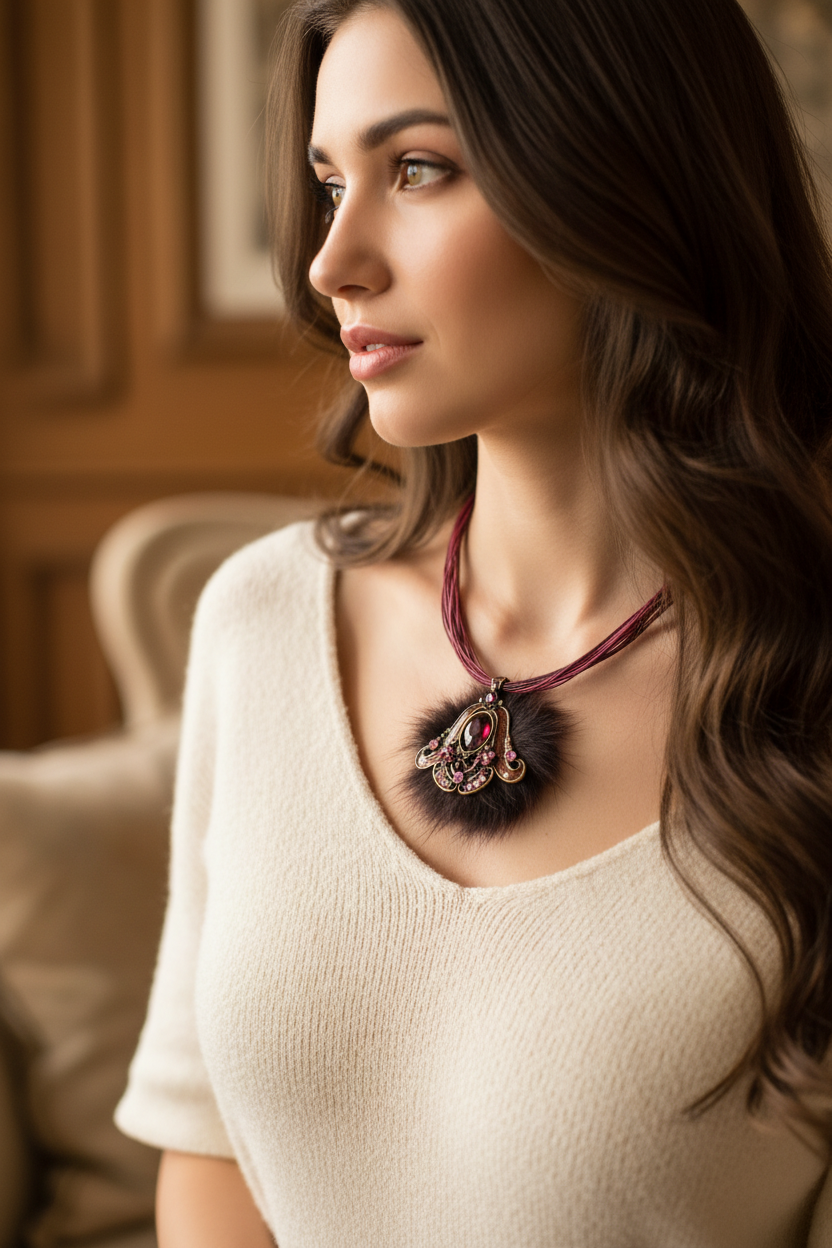 collier vintage - neuf - pendentif baroque fleurs fourrure strass relief brillant - rose rouge bordeaux