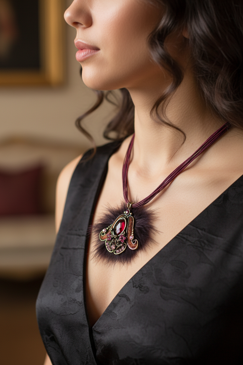 collier vintage - neuf - pendentif baroque fleurs fourrure strass relief brillant - rose rouge bordeaux
