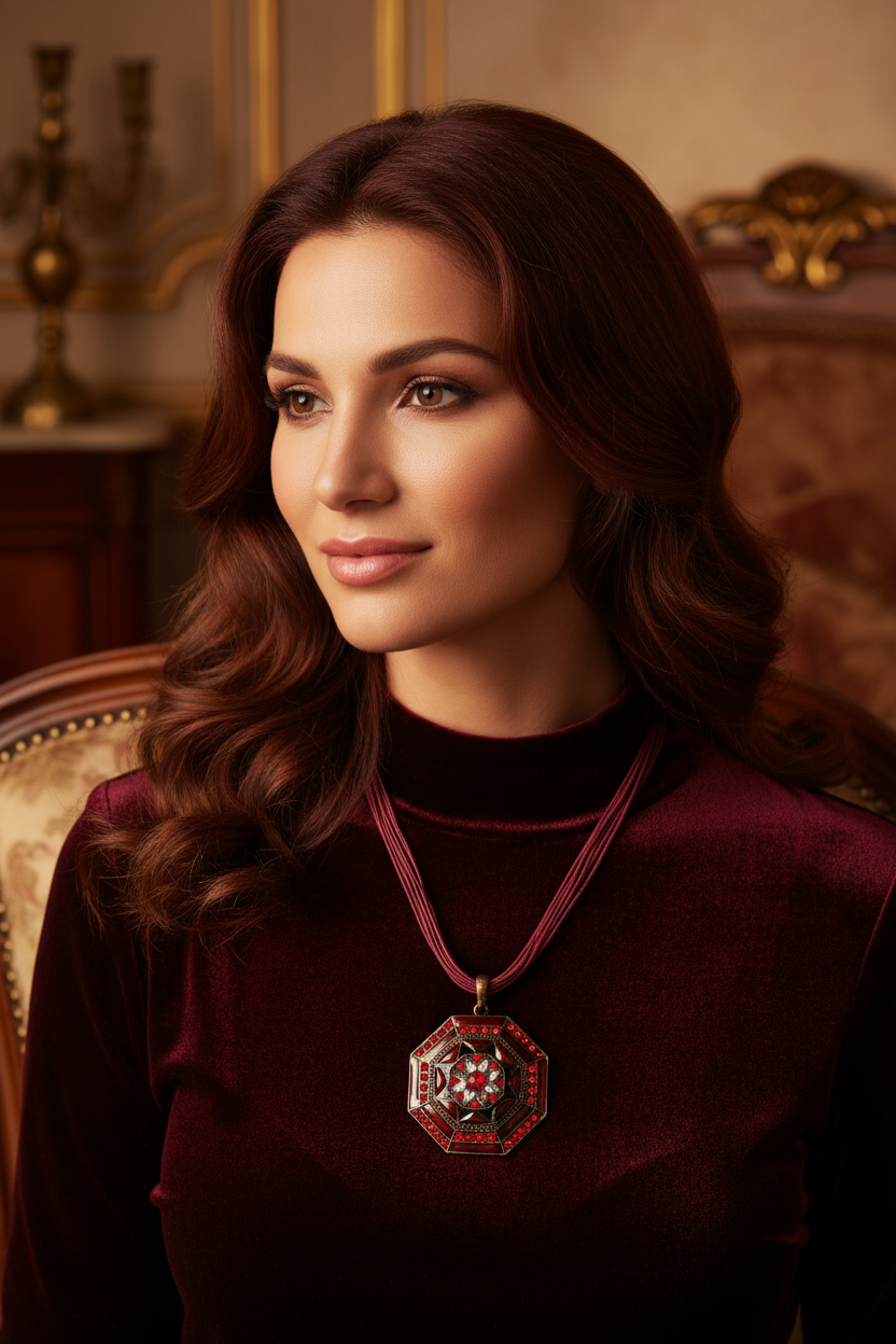 collier vintage - neuf - pendentif mandala rouge strass - motif floral oriental - strass argenté - baroque chic