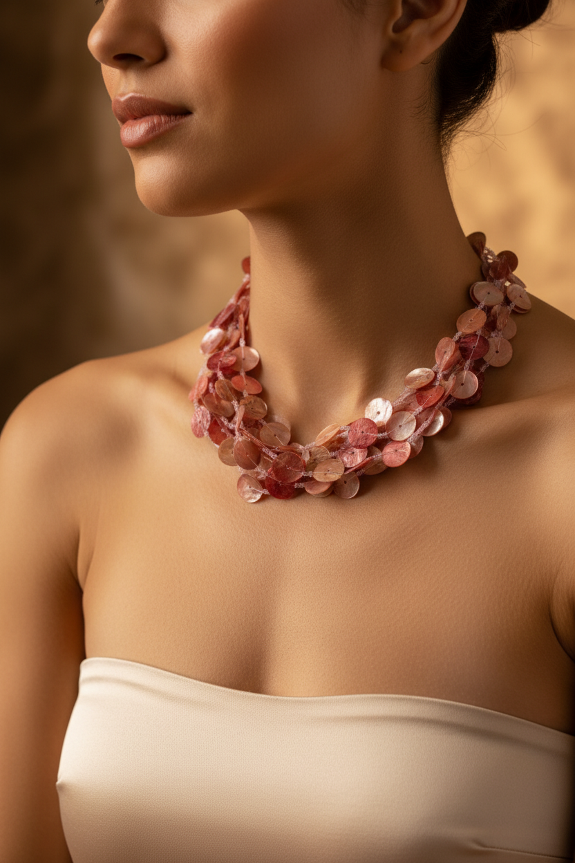 Collier vintage - neuf - perles nacre reflet irisé- vert ou rose - coquillage - multi rangs cascade - bohème chic