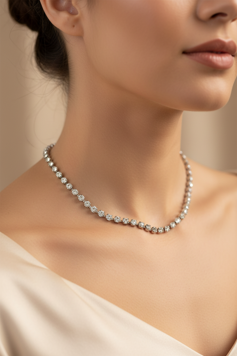 Collier ras de cou vintage - pierre strass argenté - style minimal chic tendance élégant
