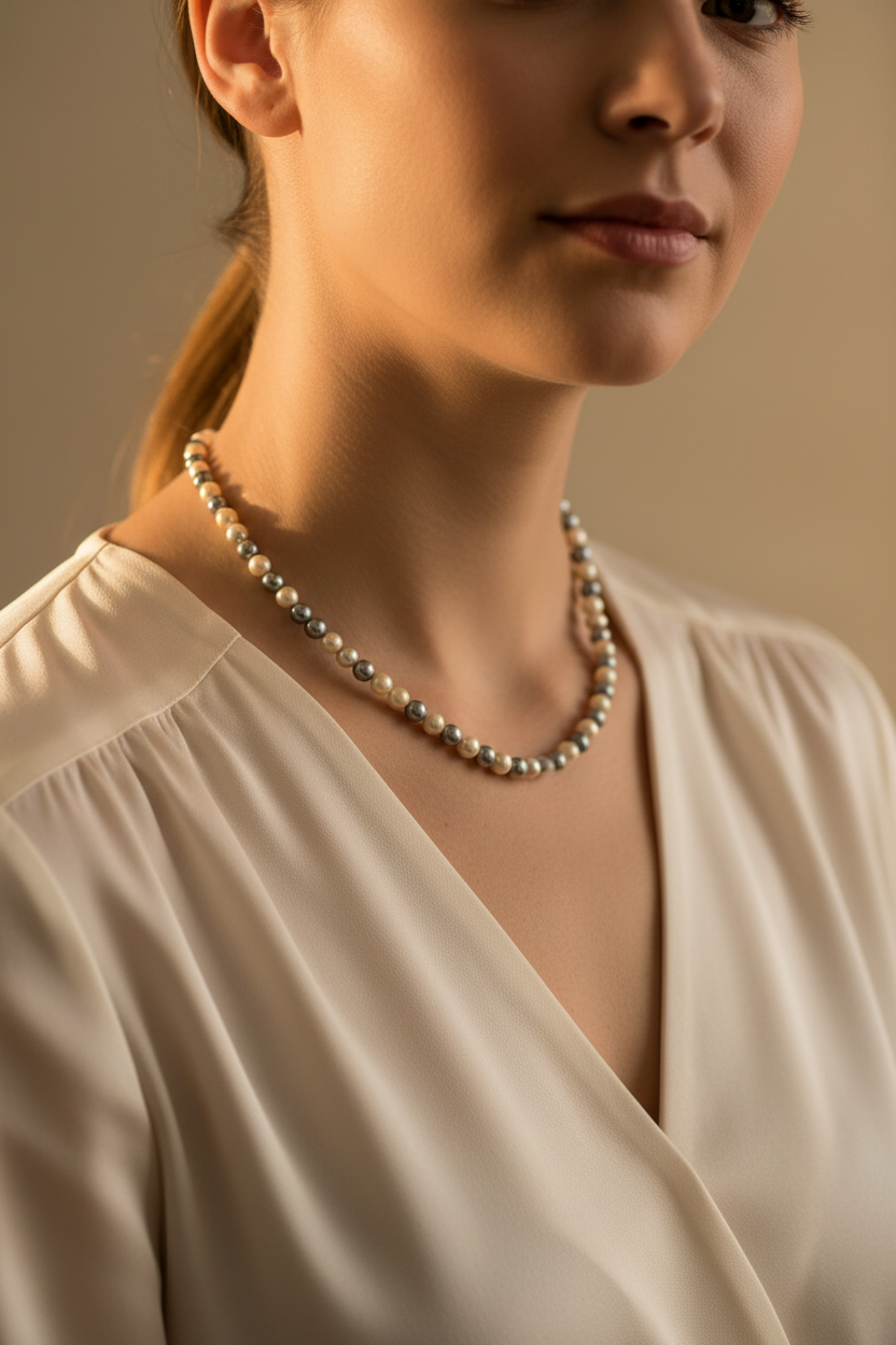 collier vintage - effet perles de culture blanche et gris nacré - chic élégant