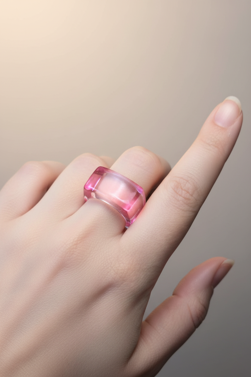 bague vintage - neuf - large bombée - carré - pop art rétro années 90 2000 - rose ou vert craquelé translucide