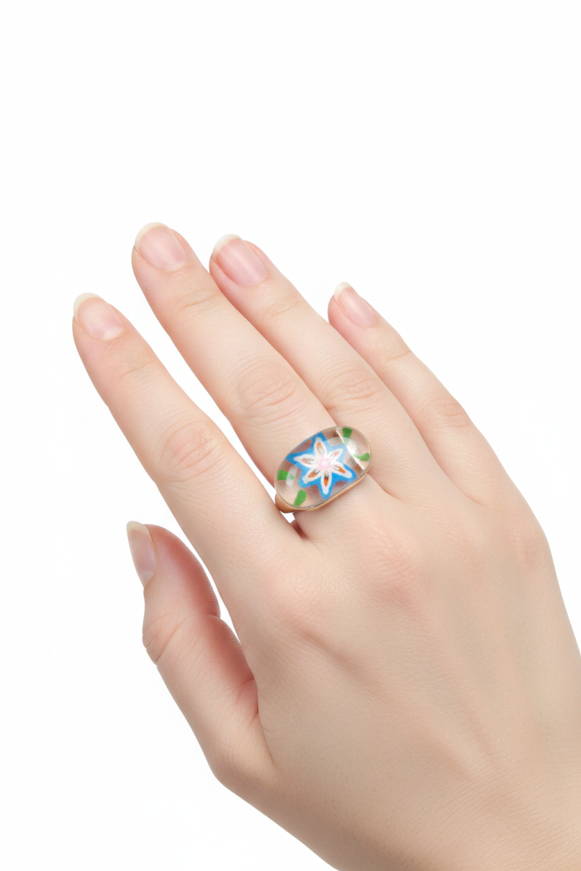 bague vintage - neuf - large bombée - pop art rétro années 90 2000 - motifs fleur colorée translucide