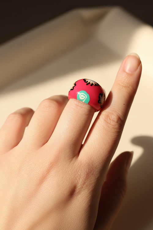bague vintage - large bombée - pop art rétro années 90 2000 - rose fuchsia motifs fleurs translucide