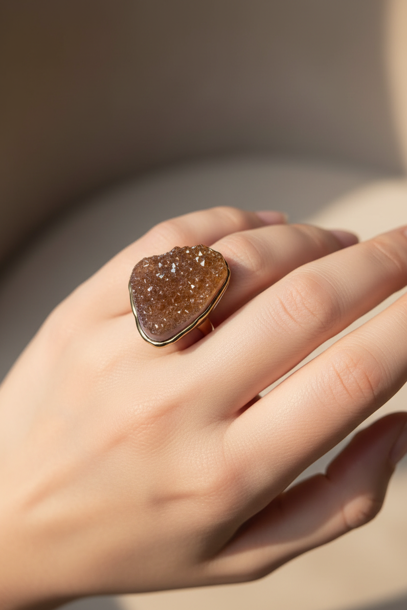 bague vintage - neuf - style pierre brute géode cristaux doré violet reflet relief