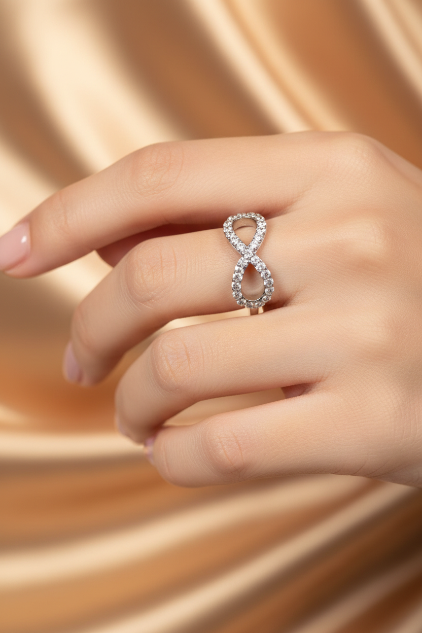 bague neuf - forme infini - strass argenté brillants - chic élégant tendanc