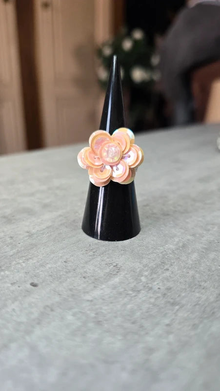 bague vintage - argenté avec fleur - sequin rose brillant perles - élégant chic ajustable