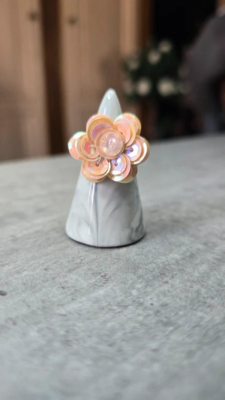 bague vintage - argenté avec fleur - sequin rose brillant perles - élégant chic ajustable