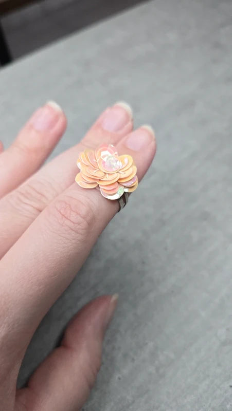 bague vintage - argenté avec fleur - sequin rose brillant perles - élégant chic ajustable