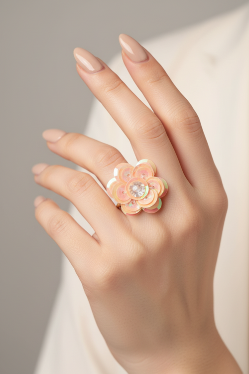 bague vintage - argenté avec fleur - sequin rose brillant perles - élégant chic ajustable