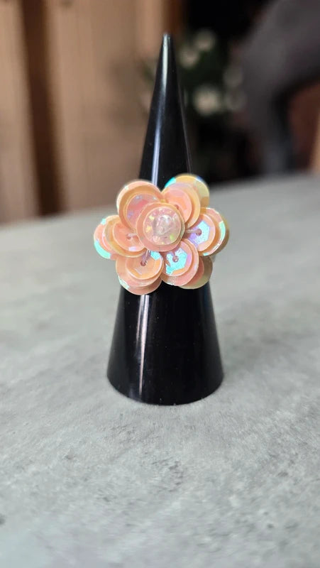 bague vintage - argenté avec fleur - sequin rose brillant perles - élégant chic ajustable