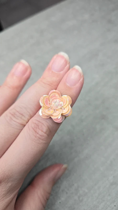 bague vintage - argenté avec fleur - sequin rose brillant perles - élégant chic ajustable