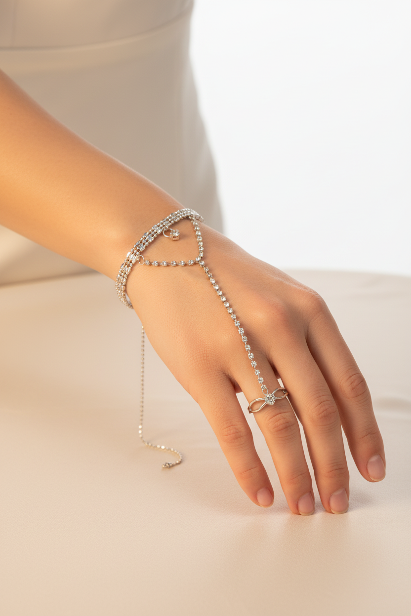 bague bracelet relié hand chain - vintage - argenté strass brillant - chic élégant réglable