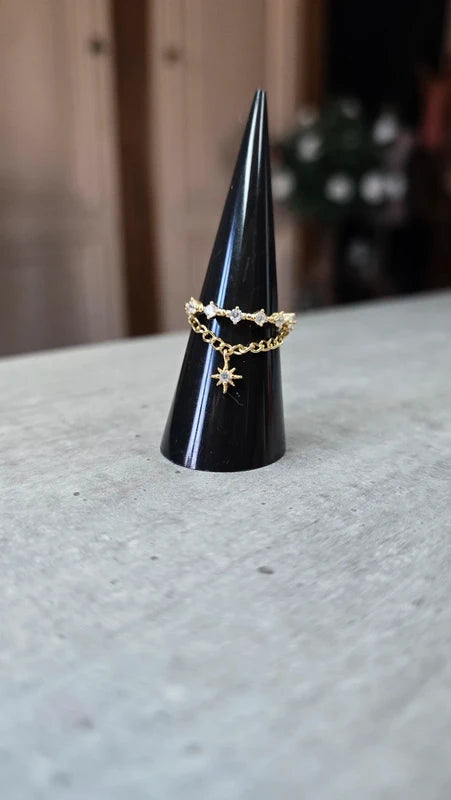 bague - neuf - doré strass argenté - chaine et pampille breloque charms étoile - chic moderne - ajustable