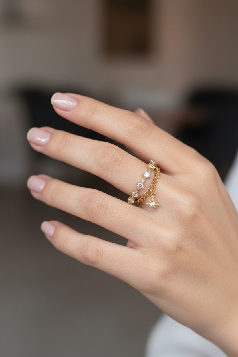 bague - neuf - doré strass argenté - chaine et pampille breloque charms étoile - chic moderne - ajustable