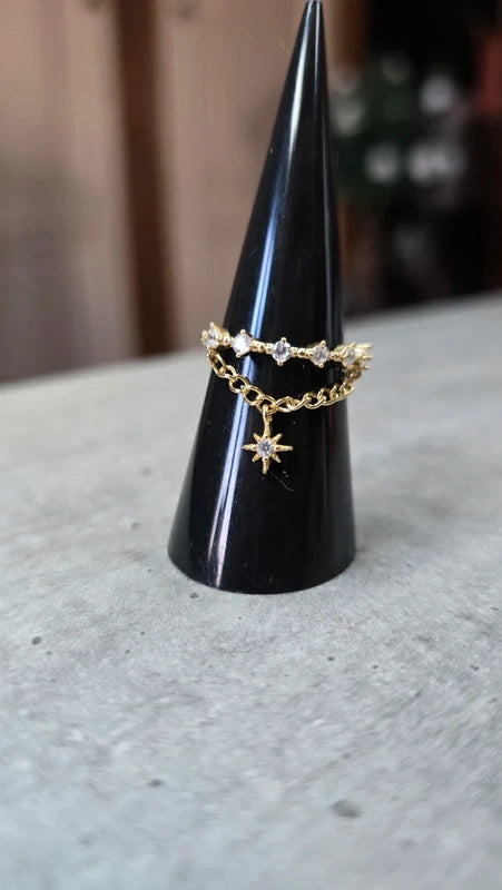 bague - neuf - doré strass argenté - chaine et pampille breloque charms étoile - chic moderne - ajustable