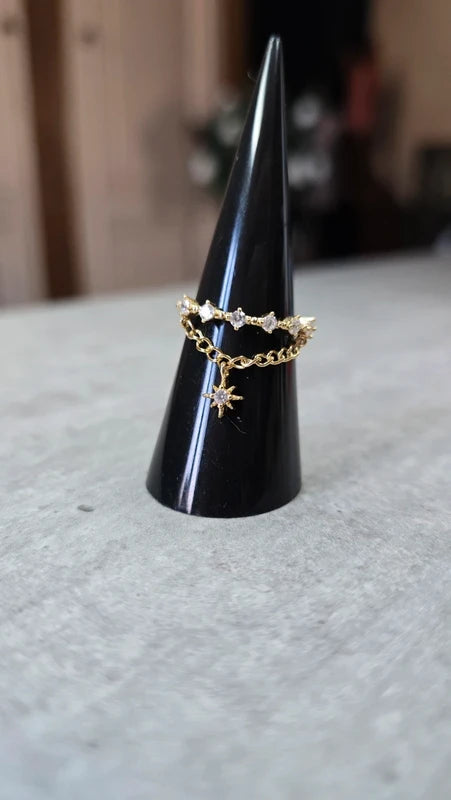 bague - neuf - doré strass argenté - chaine et pampille breloque charms étoile - chic moderne - ajustable