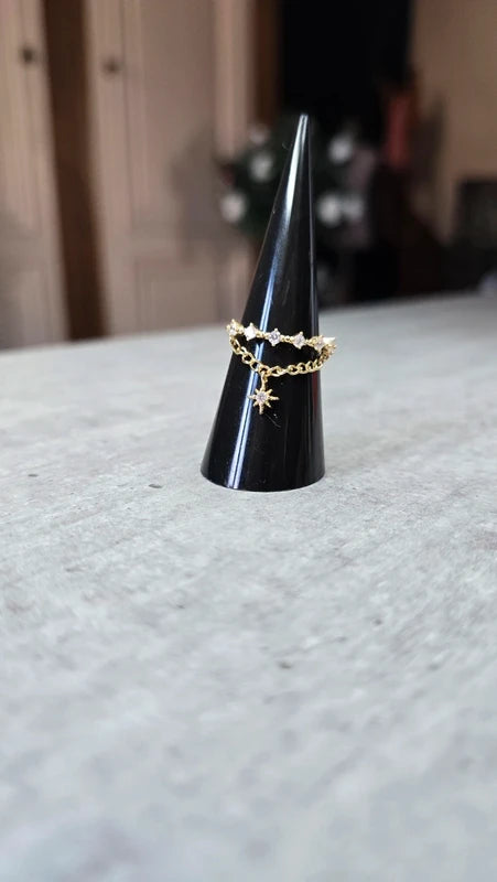 bague - neuf - doré strass argenté - chaine et pampille breloque charms étoile - chic moderne - ajustable