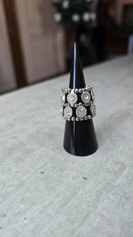 bague vintage - argenté médaillons strass perles - élastique ajustable