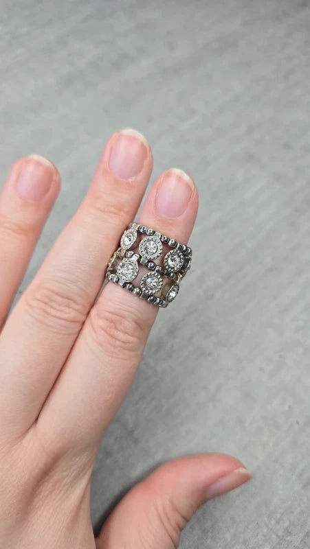 bague vintage - argenté médaillons strass perles - élastique ajustable