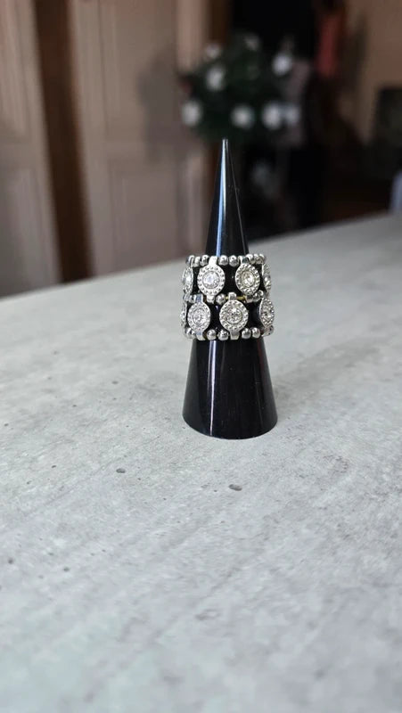 bague vintage - argenté médaillons strass perles - élastique ajustable