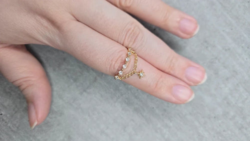 bague - neuf - doré strass argenté - chaine et pampille breloque charms étoile - chic moderne - ajustable