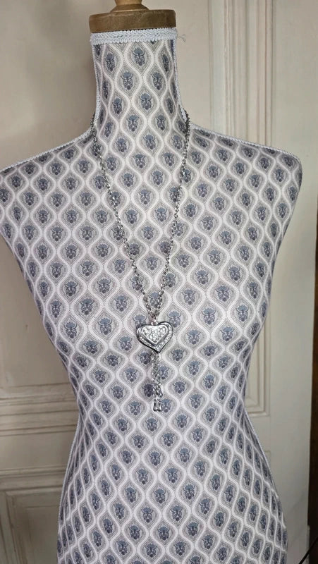 collier vintage - neuf - chaine argenté - pendentif double coeur brillants strass pampilles