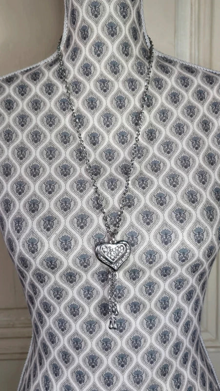 collier vintage - neuf - chaine argenté - pendentif double coeur brillants strass pampilles
