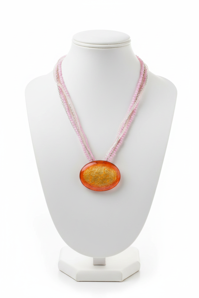 collier vintage - neuf - perles organza rose chaine - pendentif ovale doré orange