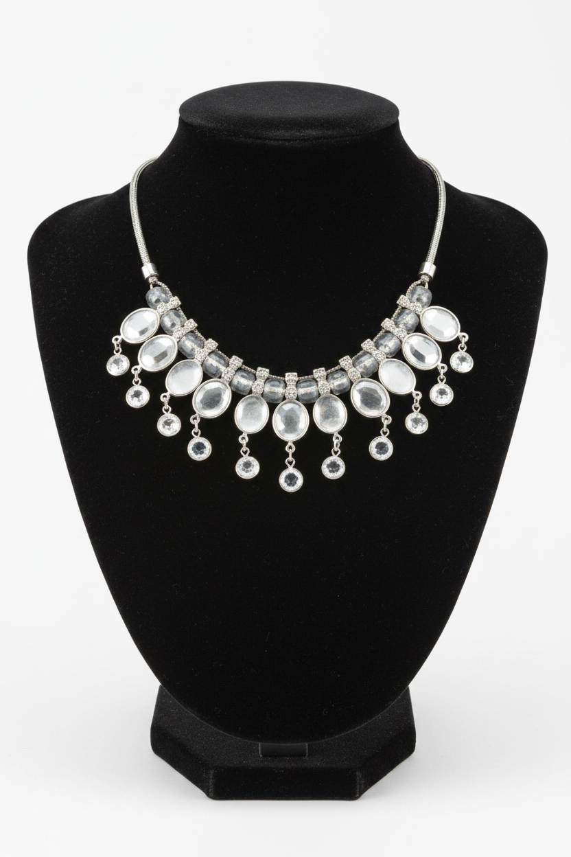 collier plastron vintage - neuf - argenté - pierres perles effet marbré opaque pampilles transparent - chic